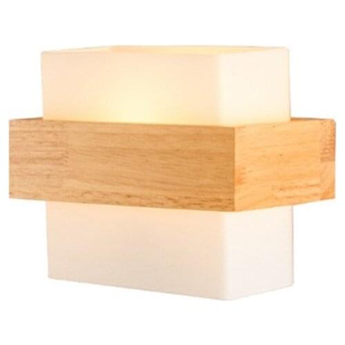 LED Indoor creative square wall lamp living room bedroom simple wooden art bedside lamp oak solid wood glass wall lamp