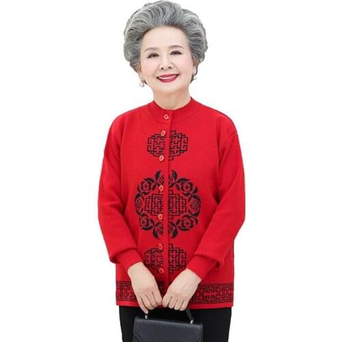 Middle-aged Womens Sweater Knit Cardigan 2019 New Short Knitted Sweaters Autumn Winter Thick Warm Coat Tops Grandma outfit A901