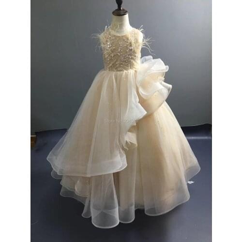 A Line O Neck Flower Girl Dress with Feathers Girls Dress for Party Girls Party Dress with Glitter Tulle Custom size/color