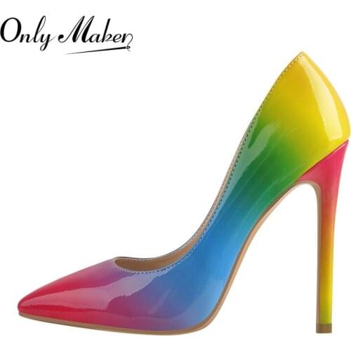 Onlymaker Pointed Toe Thin High Heel Pumps Mixed Colors Patent Leather Shallow Slip-On Shoes 2021 Fashion Party