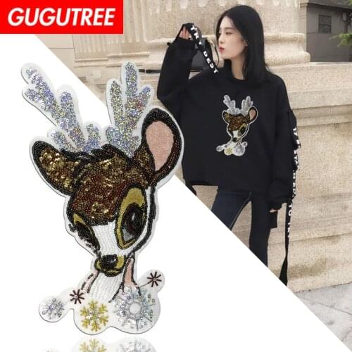 GUGUTREE embroidery Sequins big deer patches animal letter patches badges applique patches for clothing YYX-19121053