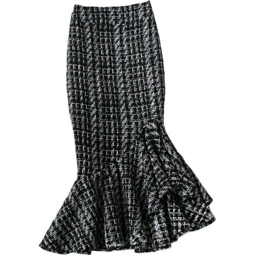 Small fragrance vintage tweed woolen plaid skirt women high waist winter package hip skirt plus size 4XL