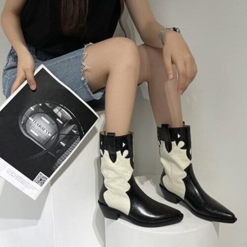 Chelsea Womens Boots Autumn Winter 2021 New Short Boots Stitching Thick-heeled Martin Boots Western Cowboy Short Boots Women