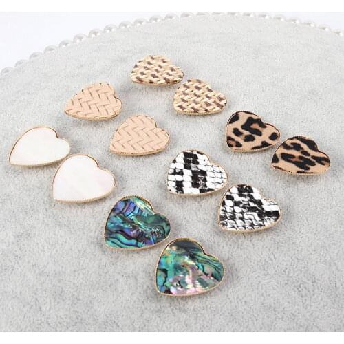 Heart Border Abalone Shell Studs Earrings Raffia Knit PU Leather Leopard Heart Studs Earrings for Woman Jewelry Wholesale