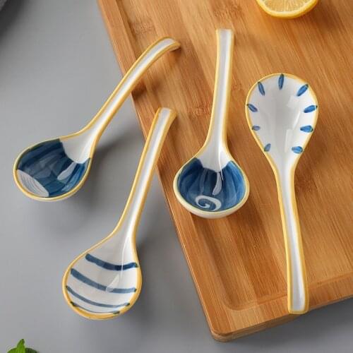 1PC Ceramic Handpainting Blue Yellow Stripe Soup Spoon Bend Hook Long Handle Spoon Tableware Household Kitchen Supplies