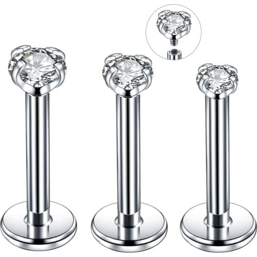 1PC Steel Prong Gem Lip Monore Rings Internally Thread Labret Stud Rings Crystal Ear Cartilage Tragus Helix Piercing Jewelry 16G