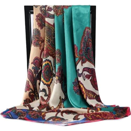 2021 Fashion 90X90CM Square Bandana Female Fine Print Silk Scarf Popular High-Grade Kerchief Summer Sunscreen Satin Beach Shawl