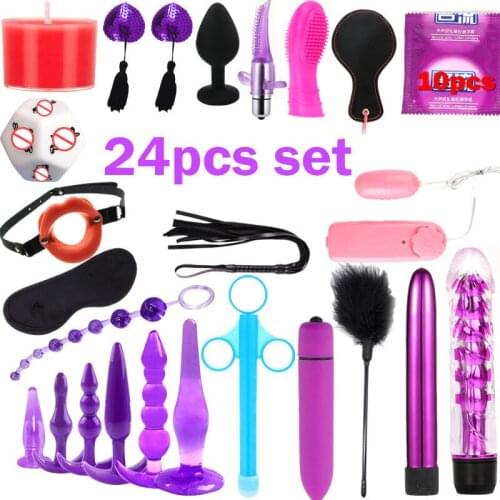 24pcs set Sex Toys for Women Men Handcuffs Nipple Clamps Whip Spanking Sex Silicone Metal Anal Plug Butt Bdsm Vibrator