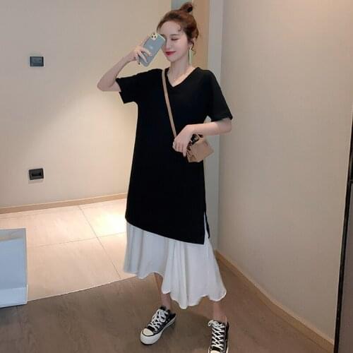 9955# Maternity Clothes Summer V Neck Patchwork Cotton Short Sleeves Loose Stylish Dress Pregnant Women Mom Dress