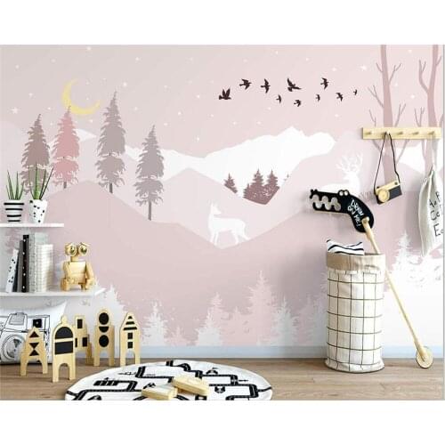 Papier peint Forest deer cartoon mountain peak childrens room interior 3d wallpaper background wall wall papers home decor