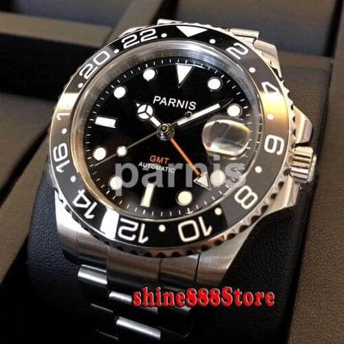 40mm PARNIS black dial luminous Sapphire glass Ceramic bezel GMT automatic mens watch Luxury Brand Top Mechanical Watches