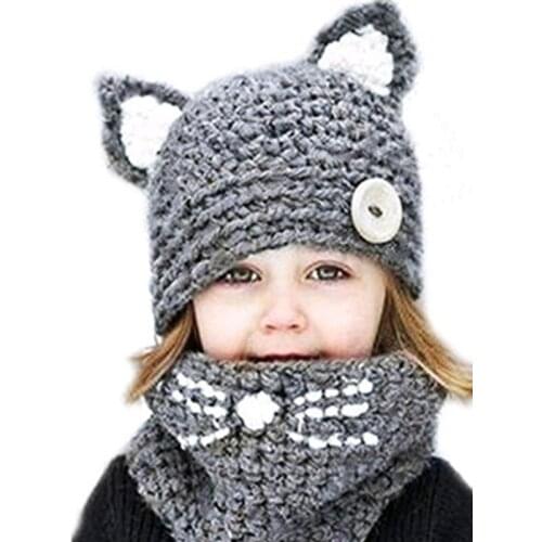 Kids Winter Hats Warm Children Cute Cat Caps 2pcs/set Scarf Hat Set Baby Boys Girls Knitted Hats Cap