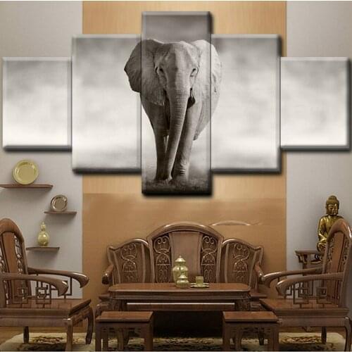Hd Prints Pictures Home Decoration 5 Pieces Animal Elephant Painting Canvas Modular Poster Wall Art For Living Room Framework