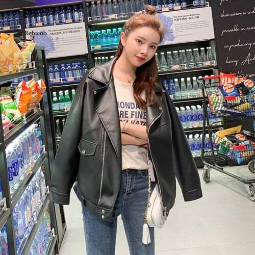 Loose Motorcycle Faux Leather Jackets for Women Autumn Winter Turn Down Collar Solid Plus Size Biker Streetwear Womens Coats