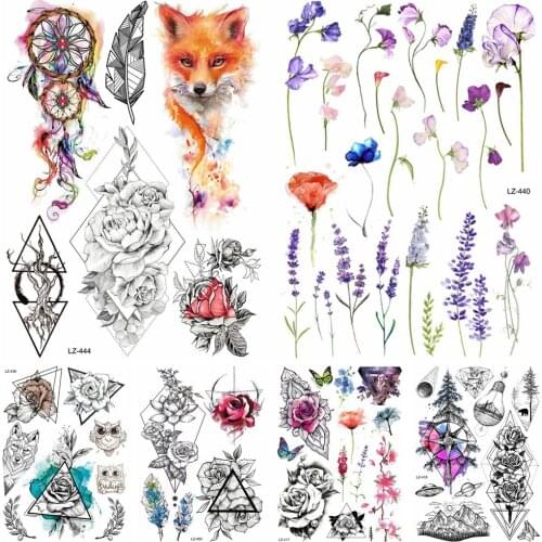Small Floral Temporary Tattoos For Women Girls Dasiy Lily Flower Blossom Watercolor Fox Dreamcatcher Fake Tattoo Stickers Paper