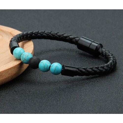 Fashion Charm Mala Leather Bracelet Lava Chakra Stone Beads Black Stainless Mahnetic Clasp Bracelets for Men Punk Jewelry Gift
