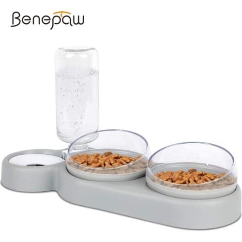Benepaw Three Pet Bowl Set Non Slip 15°Tilt 360° Rotatable Double Food Bowl Automatic Water Bottle For Small Medium Dogs Cat