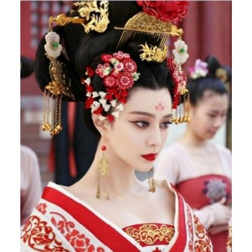 12pcs Set Wu Mei Niang Antique Wire Inlay Artwork Fully Handmade Tang Princess Gold Plated Hair Sticks Hair Accessory Set