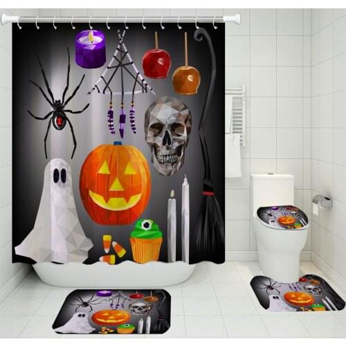 Happy Halloween 4 Pieces Bath Sets 3D Print Pumpkin Shower Curtain Set Bathroom Decor Toilet Mat Terror Style Floor Rugs