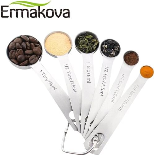 ERMAKOVA Set of 6 Measuring Spoons Stainless Steel Ergonomic Dry and Liquid Ingredients Narrow Shape Easily Fits in Spice Jars