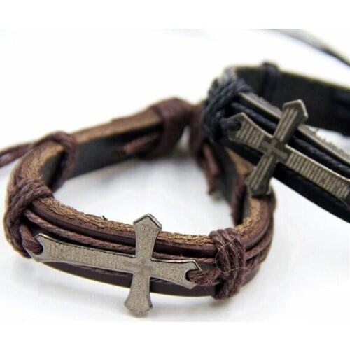 NEW Jewelry Fashion Leather Charm Bracelet Gift Christian Mens Women Cross