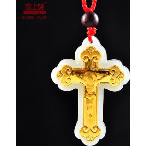 Real handcarved white jade pendant inlaid18k gold jesus cross pendants jadeite jade jewelry jade necklace women men