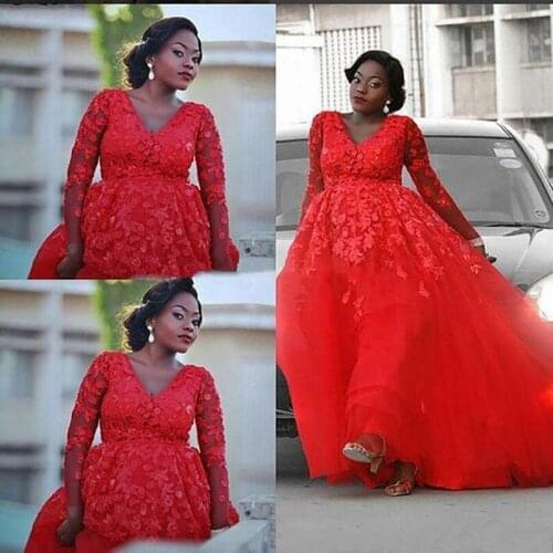 Prom Dresses African 3D floral Lace Long Sleeves Red Tulle Black Girl Floor Length Puffy Formal Party Dress Evening Gowns Wear S