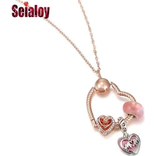 Seialoy Pink MOM Heart Charm Rose Gold Pendant Necklace For Women Girls Original Heart Dangle Beads Necklace Jewelry Women Gifts