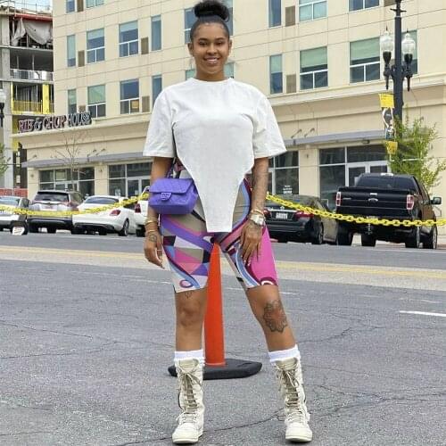 Casual Loungewear 2 Piece Club Outfits for Women Short Sleeve Irregular T-shirts and Geometric Biker Shorts Sexy Matching Sets