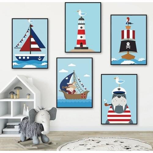Simple Lovely Sailor Navy Poster Cartoon Canvas Painting Printing Wall Art Picture For Baby Childrens Room Home Decor Murals