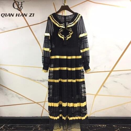 Qian Han Zi Fashion Maxi Dress Womens Long Sleeve Ruffled Gold Stripe black Party Long Dress Pleated Patchwork Lace Maxi Dress