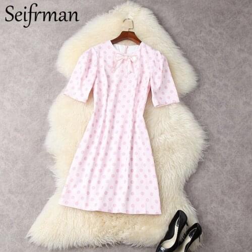 Seifrmann New 2021 Summer Women Fashion Runway Party Mini Dress Half Sleeve Bow Beading Dot Print Ladies Pencil Dresses Vestidos