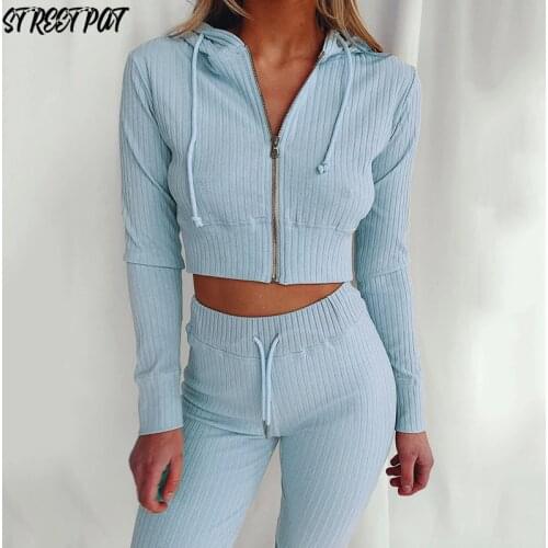 Ribbed Knitted Women 's Set Long Sleeve Hoodie Sweatshirt Pencil Pants Suit Active Tracksuit Two Piece Set Fitness Outfits 2020