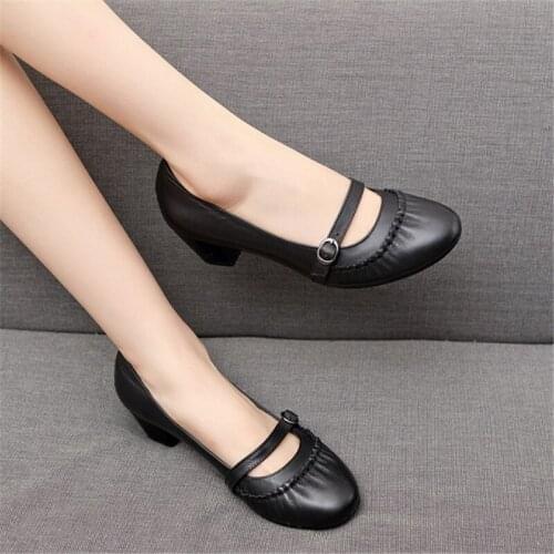 Retro Round Toe Genuine Leather High Heels Pumps Shoes Woman Sexy Slip On Pumps Plus Size 34-43 Fashion Shallow Thick High Heels