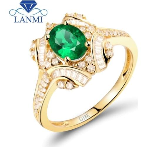 Vintage Diamond Baguette Engagement Emerald Rings 18K/750 Yellow Gold Natural Oval Cut 5x7mm Columbian Gemstone Jewelry WU281