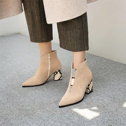 Women Boots Pointed Toe Flock Snake pattern stitching Ankle Boots Thick Heel High Heels Shoes Female zip Boots 2020Autumn Winter