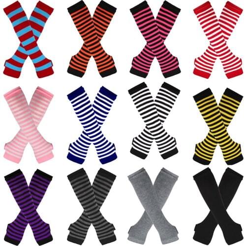 Women Striped Elbow Gloves Autumn Winter Knitted Long Fingerless Gloves Female Casual Soft Arm Warmers Mittens