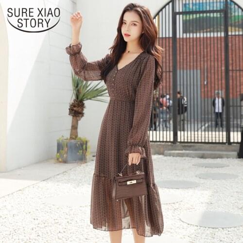 Korean Spring 2021 Casual Long Sleeve V Neck Pleated Office Beach Dresses Party Dresses Print Dress Women Vestidos 8565 50