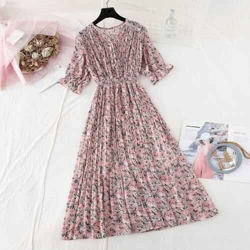 Women Dress 2020 summer New Chiffon V-neck Retro Elegante A-line Short sleeve Vintage Dress Floral Casual Vestidos Female