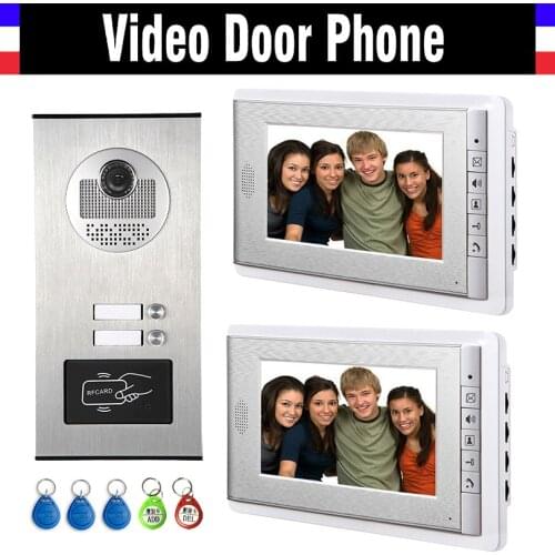2 Units Apartment Intercom System Video Intercom Video Door Phone Kit HD Camera 7 Inch Monitor with RFID keyfobs for 2 Household