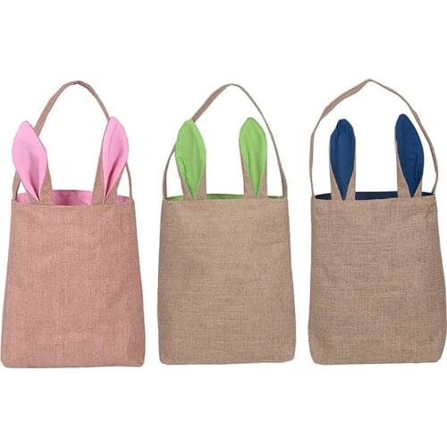 3 Pack Easter Bunny Bags Easter Bunny Baskets Jute Burlap Dual Layer Bunny Ear Tote Bags