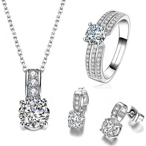 3 in 1 3A Zirconia Crystal Pendant Necklace Exquisite Earrings Resizable Ring Fashion Jewelry Sets Wedding Gift for Women