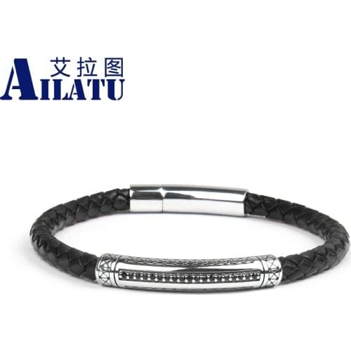 Ailatu Cz Tube Genuine Leather Bracelet Male Jewelrys Stainless Steel Magnetic Button Birthday Gift for Men