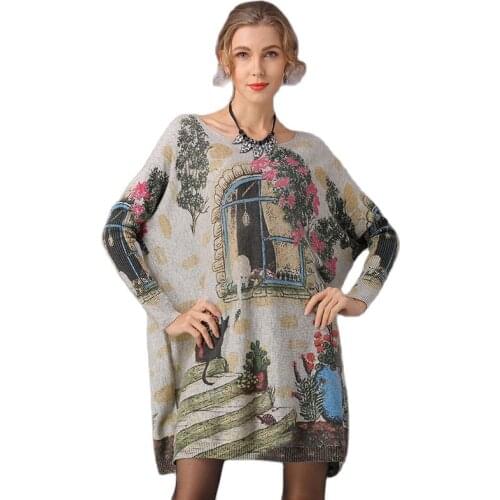 ARCSINX Vintage Sweater Women Oversize 4XL 5XL 6XL 7XL 8XL 5% Wool Sweater Woman Print Long Sleeve Kintted Winter Jumper Woman