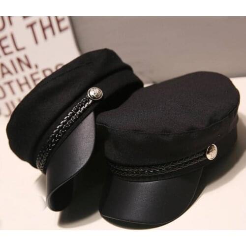 New Fashion Women Berets Vintage PU Flat Top Hat With Brim Artist Decoration Warm Winter Female Visor Outdoors Solid Color Caps