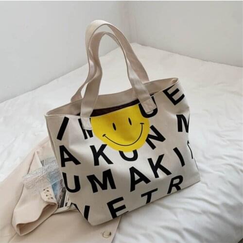 New Designer Large Capacity Canvas Smile Letter Print Daily Use Tote Bag Canvas Female Portable Shoulder Bags