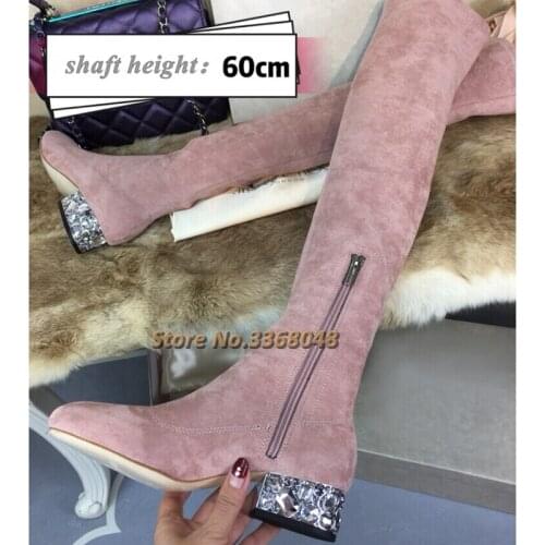 Over The Knee Boots Women Stretch Suede New Arrivals Crystal Heel Boots Round Toe 3cm Heel Boots 10cm Ladies Sock Boots