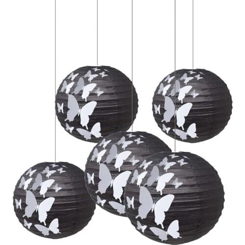 5 pcs Decorative Round Black Paper Lanterns with 60 Pcs White Adhesive 3D Artificial Butterfly for Garden Wedding Hanging Decor