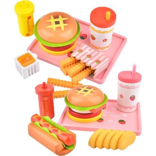Baby Toys Strawberry Simulation Hamburger French Fries Wooden Toys For Kids Hot Dog Set Kicthen Food Toys Educational Gift