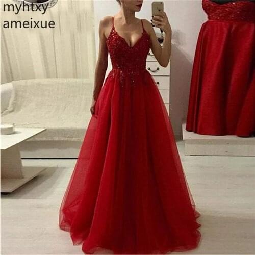 Long Evening Dress 2020 Sexy Burgundy Spaghetti Straps Appique Beaded Tulle Special Occasion Gowns Prom Dresses Dress Elegant